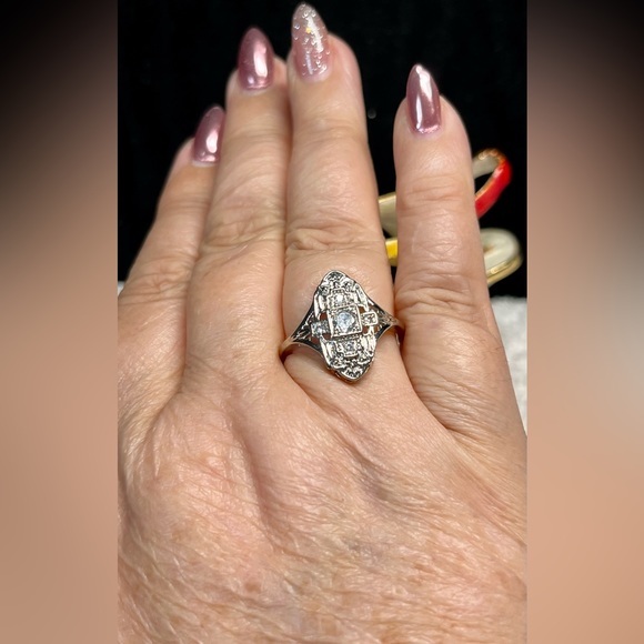 Romantic art deco style silver ring, sterling and clear rhinestones - Picture 3 of 11